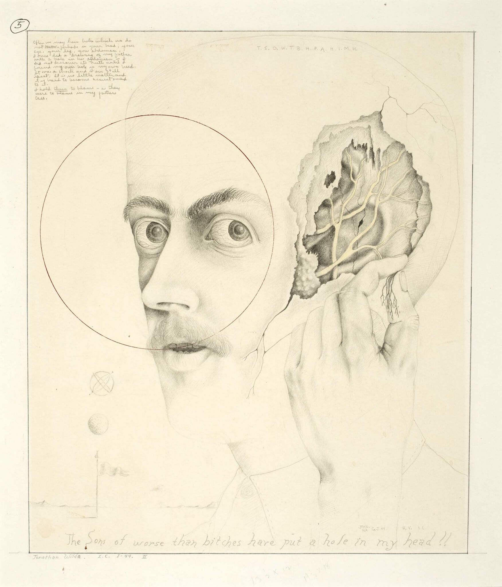 John Wilde, The Sons of Worse than Bitches Have Put A Hole in My Head!!, 1944. Graphite and ink on paper, 14 x 11 1/2 inches. Collection of the Madison Museum of Contemporary Art. Gift of the artist.