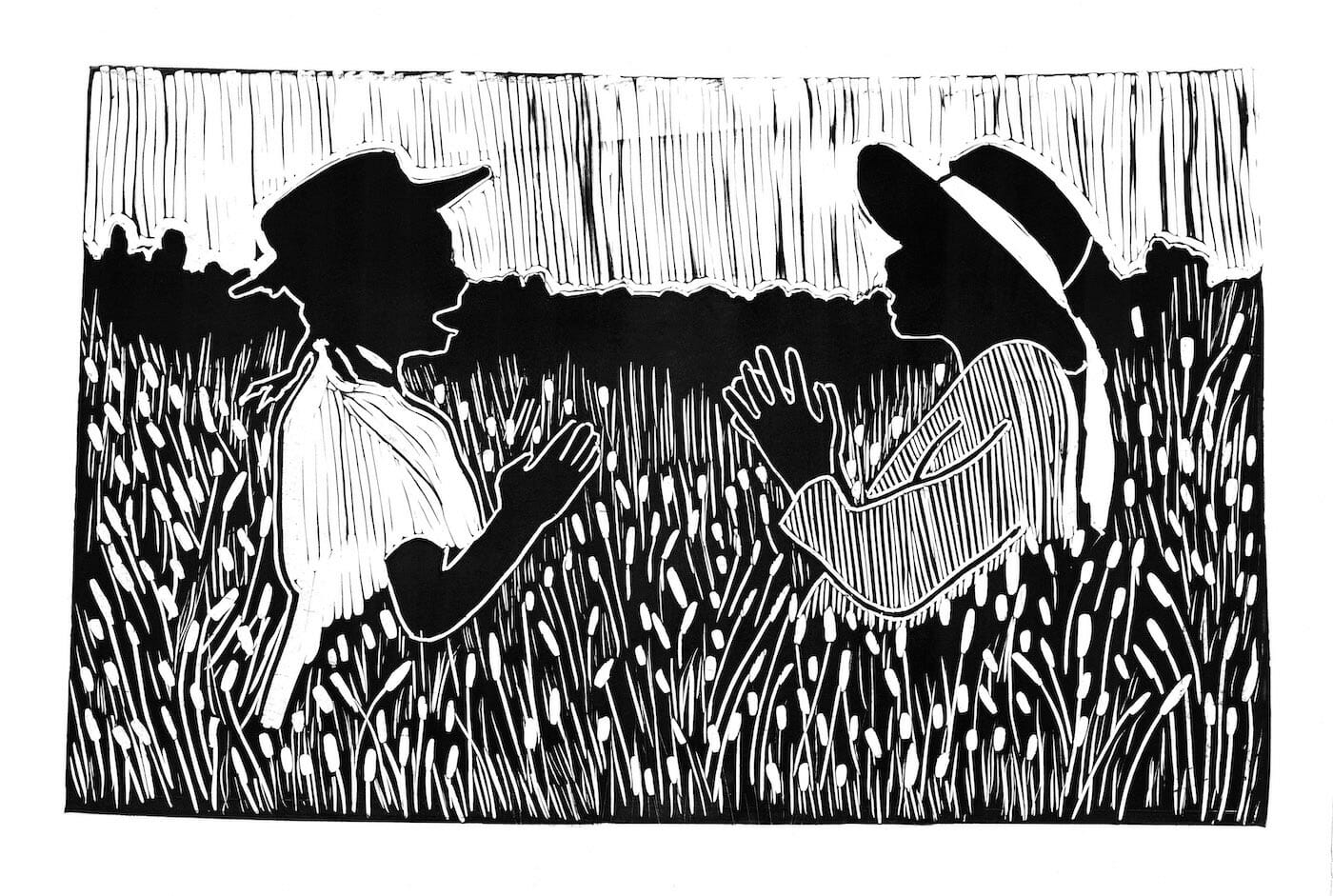 illustration of two people's silhouettes facing each other in a field of flowers