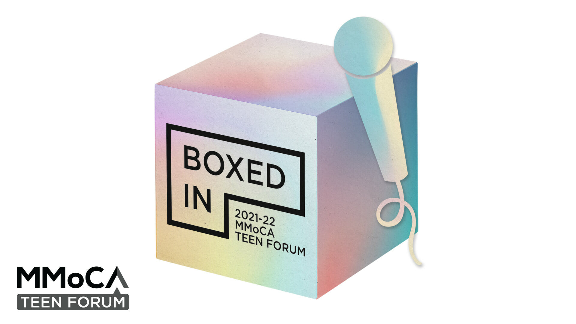 ilustración gráfica de un cubo y un micrófono dentro de un círculo con el logotipo del MMoCA Teen Forum y un logotipo que dice Boxed In, 2021-22 MMoCA Teen Forum