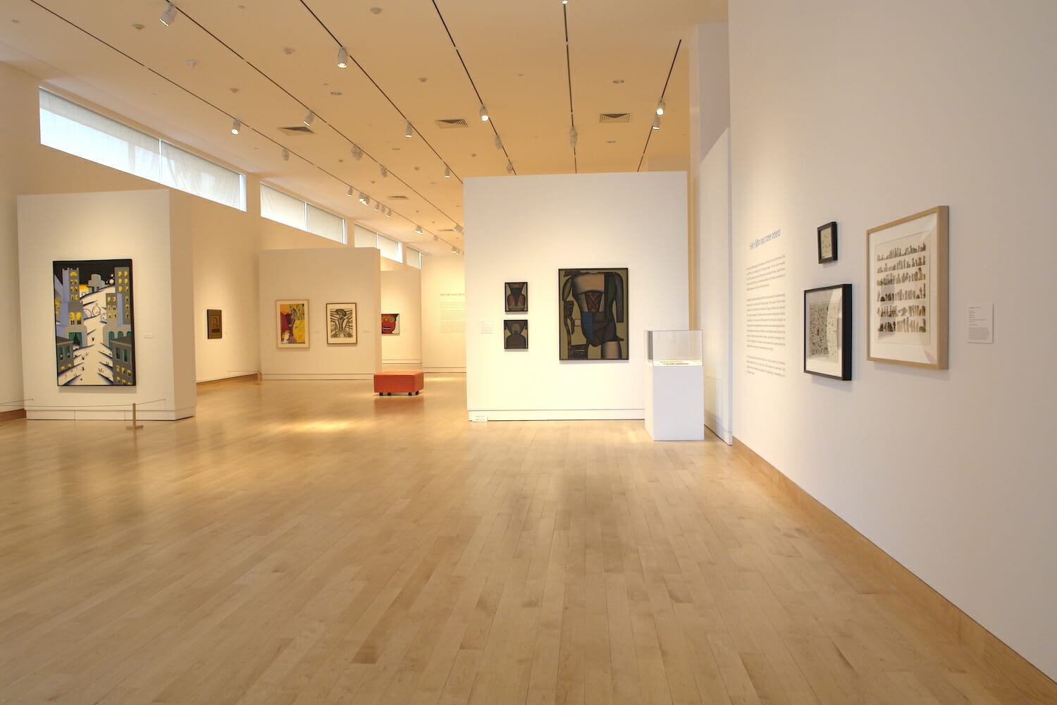 installation view of "Hairy Who" featuring various artworks hanging on the wall or in a vitrine display