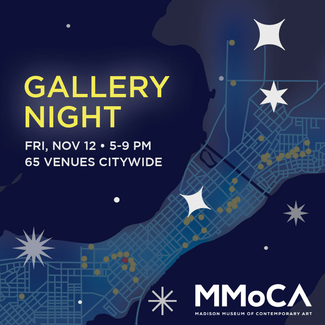 illustration of glowing isthmus map with text that says Friday, November 12, 5 to 9 PM, 65 venues citywide