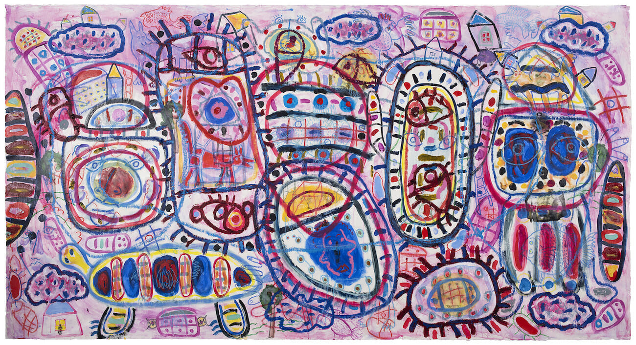 Gouache on paper painting with various shapes, lines, and abstract forms