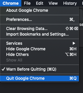 Google Chrome for desktop cache clearing procedure, Quit Chrome step
