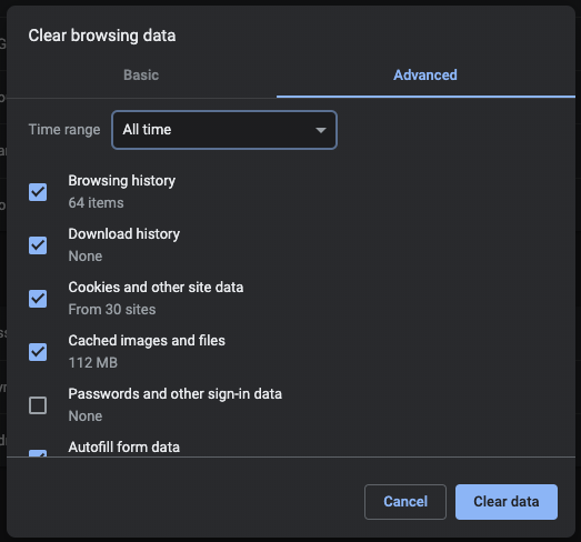 Google Chrome for desktop browser clearing procedure, Advanced section