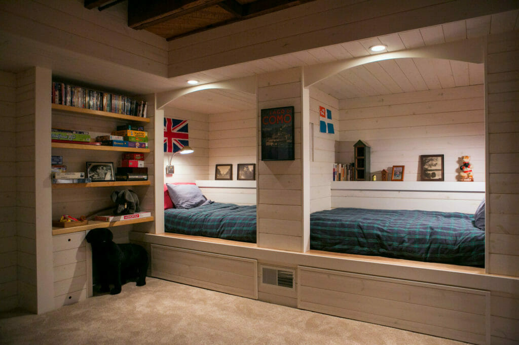 Remodeled basement with bed nooks and storage in Madison, Wisconsin.